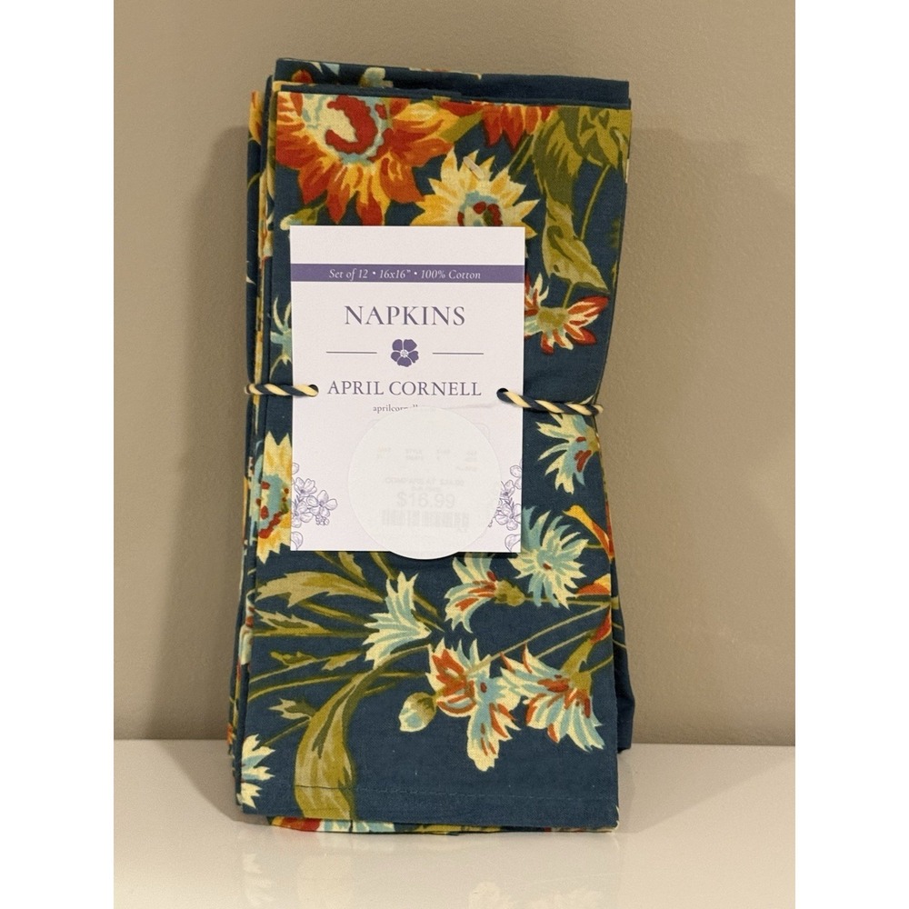 APRIL CORNELL - WILDFLOWERS COTTON NAPKINS - SET OF 12 - TEAL ORANGE GOLD - NEW